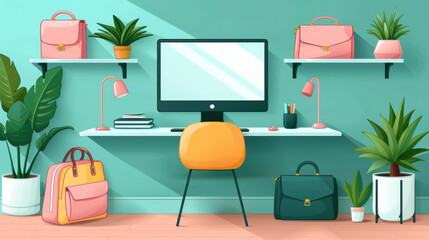 stylish home office setup featuring computer, plants, and colorful bags