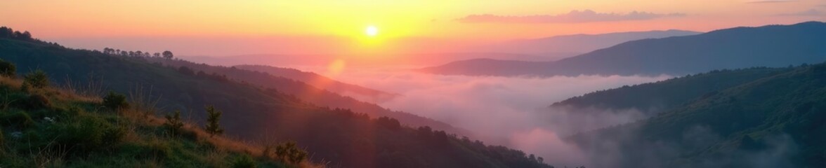 Obraz premium Misty dawn landscape with rolling hills and foggy valleys, sunrise, landscape, gentle