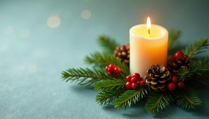 Decorated evergreen branch with lit candle and pinecones, red berries, tree