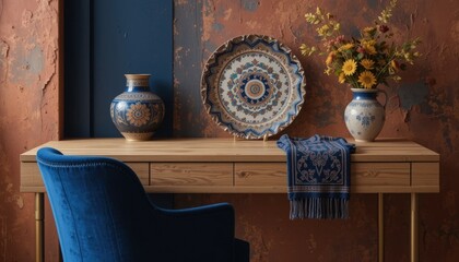 A beautifully arranged table showcases a vibrant floral vase alongside intricately designed pottery. The warm tones of the wall enhance the rustic charm of the blue chair and woven textiles