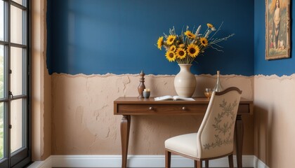 A bright and stylish study nook features a wooden desk adorned with a bouquet of sunflowers. Natural light bathes the tan and blue walls, creating a peaceful atmosphere for productivity
