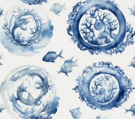 Hand painted watercolor marine pattern in blue and white, pattern, hand painted