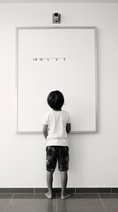 Fototapeta premium A young child is actively engaged in a math activity while using a whiteboard. A little boy is a genius in the class.
