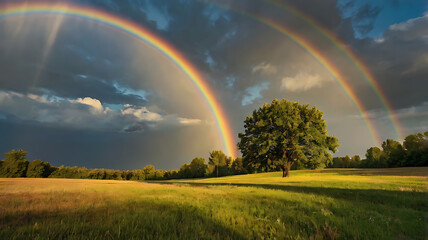 Naklejka premium summer landscape with sun and rainbow