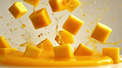 Cubed mango splashing in juice on white background, ideal for food and beverage advertising