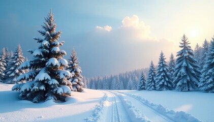 serene winter landscape with snow covered evergreen trees in frosty morning light, snowcovered, serene, frost