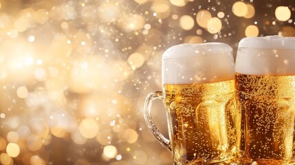 Celebrate International Beer Day with glowing mugs and festive bubbles in a joyful atmosphere for beer lovers and friends