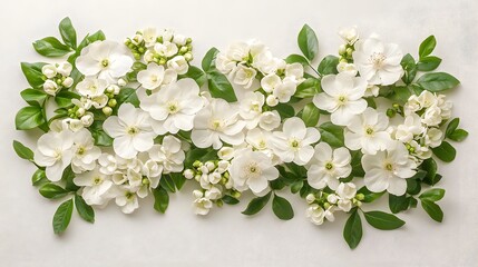 Fototapeta premium Elegant floral arrangement of delicate white blooming flowers such as roses or peonies with fresh green leaves and foliage creating a beautiful romantic and natural display