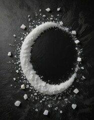 High angle view of white sea salt scattered on black surface, food seasoning, culinary ingredient, seasonings, grains