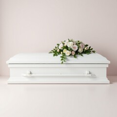 Simple white casket with floral arrangement in front, bouquet, flowers on casket