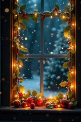 Sparkling glass window with festive holly leaves and red berries, festive lights, red berries, holiday decor