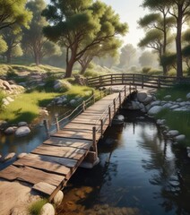 Fototapeta premium Serenity of creek winding through peaceful ranch land with bridge, bridge, creek, water