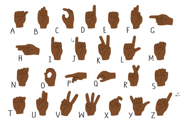 American Sign Language alphabet. An illustration of black African American hands for ASL educational poster. Deaf mute sign gestures. Isolated on white.