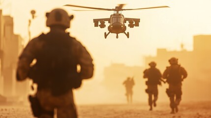 Military operation in urban area soldiers engaging helicopter support desert environment dramatic perspective