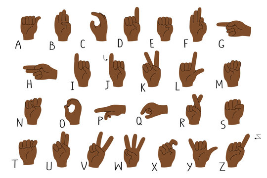 American Sign Language alphabet. An illustration of black African American hands for ASL educational poster. Deaf mute sign gestures. Isolated on white.