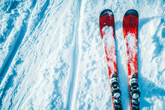 Top-down view of red skis on fresh snowy slopes with dynamic ski tracks. Winter sports adventure, mountains skiing,outdoor activity.Mockup for travel, recreation, holidays. Generative ai