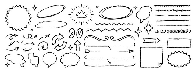 Cute Crayon Pencil Emphasis Squiggles Vector Set. Chalk Scribble Graffiti Arrows Frames Speech Bubbles Underlines. Hand Drawn Brush Texture Star Shapes Highlights. Pencil Childish Charcoal Doodles
