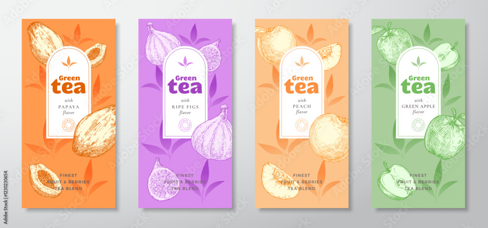 Wall mural tea labels vector set. fruit and berries tea packaging design layouts bundle. modern typography, han