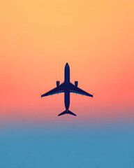 Fototapeta premium Aircraft silhouette against sunset sky aerial serene atmosphere