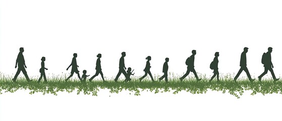 This vector illustration depicts the evolution of human life in silhouette, from an infant to an adult and elderly people walking on green fields against a white background. 