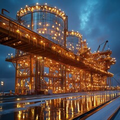 Obraz premium Illuminated industrial complex, nighttime reflection, winter scene