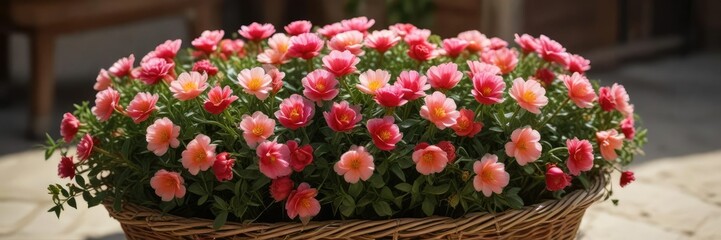 Obraz premium In the middle of a wicker basket filled with other plants, a stunning Portulaca grandiflora flower blooms with radiant petals , portulaca, flowers