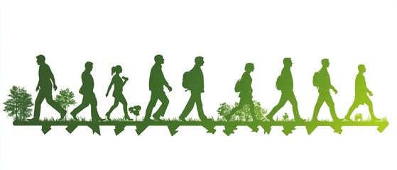 This vector illustration shows the evolution of human life in silhouette style, from birth to old age with people walking along green arrows on a white background. Vector Illustration of Human Life