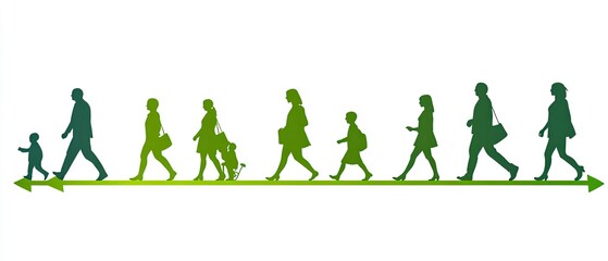 Obraz premium This vector illustration shows the evolution of human life in silhouette style, from birth to old age with people walking along green arrows on a white background. Vector Illustration of Human Life