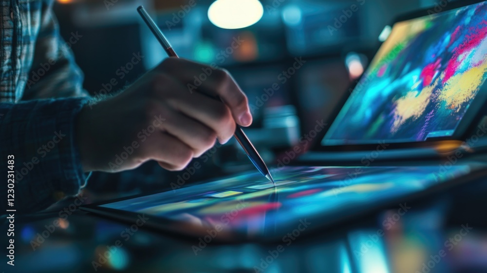 Wall mural graphic designer work on computer laptop and with graphic drawing pen while brainstorming unique des