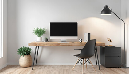 Computer monitor with empty blank screen on wooden table with flowers, coffee cup, keyboard and a lamp in the modern office with minimalistic design.