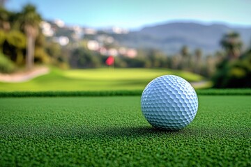Fototapeta premium Golf ball on green, course, hills, flag, sunny day, sports image