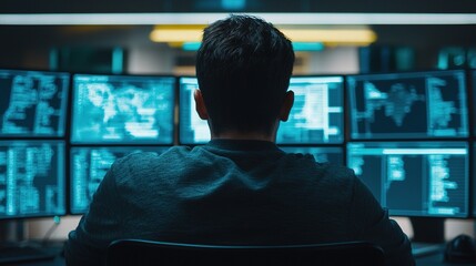 Cybersecurity analyst monitors threats in high-tech control room urban environment digital workspace focused intensity