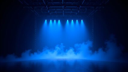 Concert Stage with Atmospheric Blue Lighting and Smoky Overhead Rig