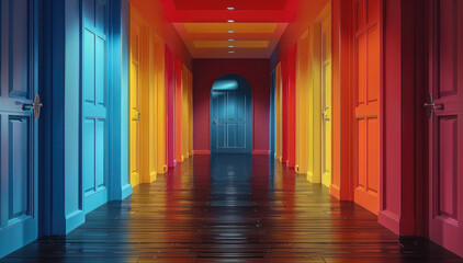 Naklejka premium A hallway of colored doors.