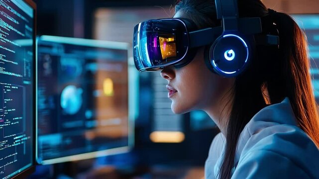 A vibrant workspace filled with modular AR workstations where employees collaborate on software development sharing their screens and coding in realtime through interactive visual tools.