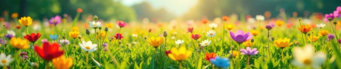 A carpet of colorful wildflowers covers the ground, grasslands, colorful carpet, wildflowers