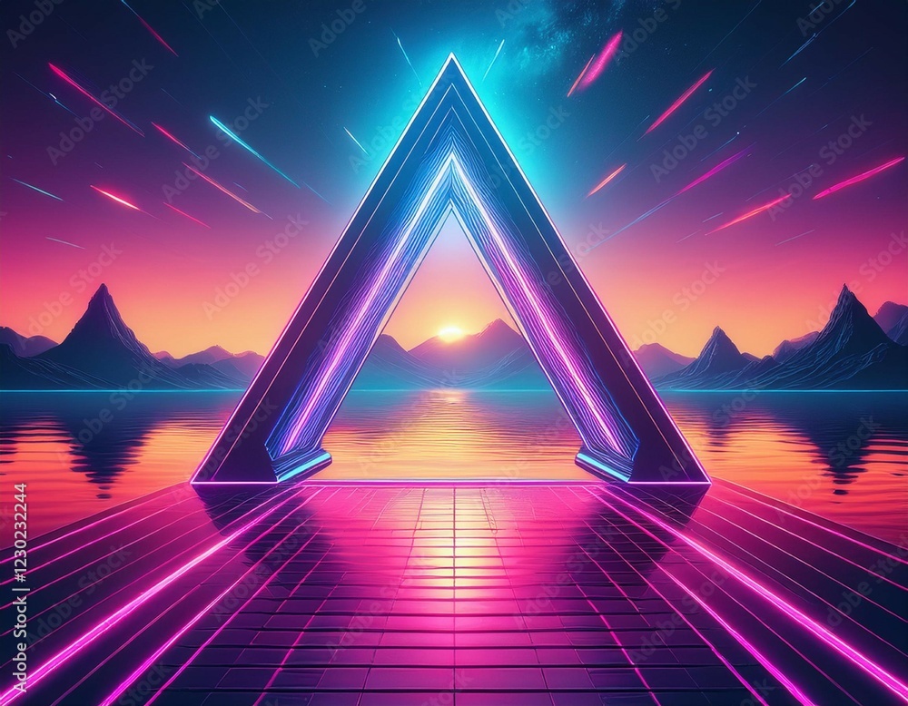 Aufkleber retro futuristic triangular neon frame on lake synthwave style background forced perspective