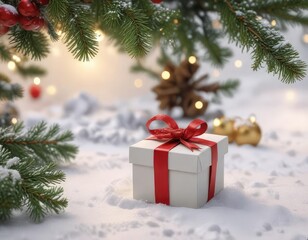 Small gift box in the snow near a Christmas tree branch with festive decorations, presents, holiday decoration, garland