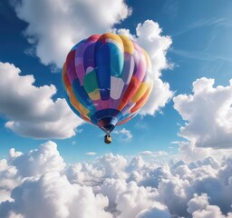 Naklejka premium Large colorful balloon floating in a blue sky with white fluffy clouds , balloons, cloud