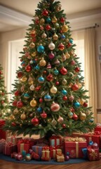 Large decorated evergreen tree with ornaments and gifts in the background, red berries, gift wrapping