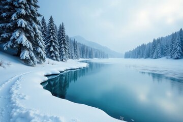 A frozen lake in the distance amidst a forest of snow-covered trees, ice, distance, forest