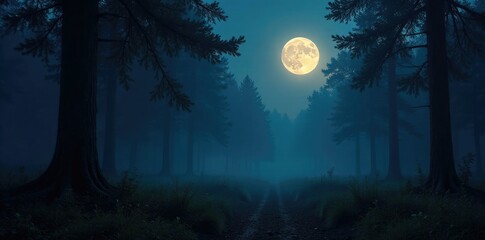 A full moon shining on a dark and misty forest floor, forest floor, atmospheric