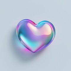 Translucent iridescent heart shaped object with a soft glow on a minimalistic background, perfect for modern design and romantic themes