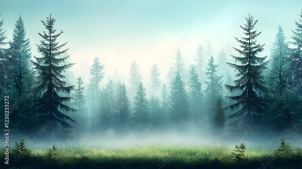 Poster misty evergreen forest landscape with a tranquil stream and atmospheric fog creating a serene mystic