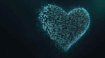 Digital heart shape formed by glowing binary code illuminating a dark background, symbolizing love and technology integration in modern concepts