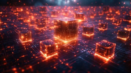 Glowing data cubes illuminate digital network