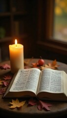 A lit candle on a wooden table with an open Bible amidst fall leaves, sacred space, nature
