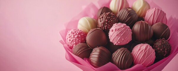 A delightful assortment of chocolate truffles in various colors and designs, beautifully presented in a pink bouquet.