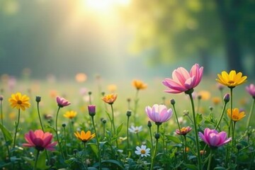 A patch of wildflowers blooms in the misty morning air, soft focus, morning, mist