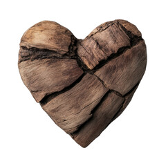 3d Weathered wooden heart revealing organic textures, natural splits highlighting rustic romance valentine love against transparent background